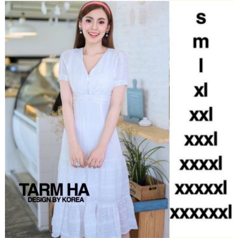 งานบุญ-งานบวช-s-6xl-dress-เดรสสีขาวผ้าฉลุลายกระดุมหน้า-งานป้าย-tarm-ha