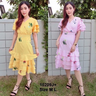 TW10209 Dress เดรสอกไขว้ ผ้าไหมอิตาลี่ มีซับในทั้งชุด พิมลายกราฟฟิกดอกไม้ แขนระบายชั้นๆ ช่วงกระโปรงระบายเป็นชั้นๆ