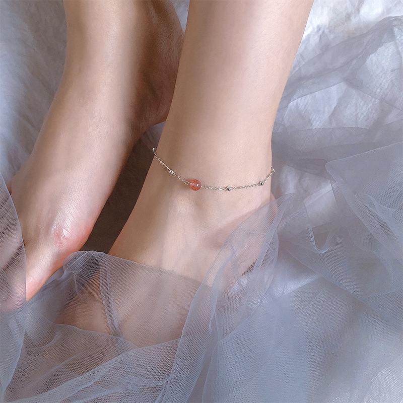 ภาพหน้าปกสินค้าS925 Sterling Silver strawberry Crystal Anklet, simple sexy anklet, women's jewelry, gift for her