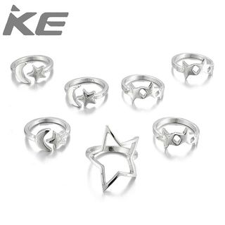 Moon and star open ring set of 7 silver five-pointed star ring set decoration for girls for wo