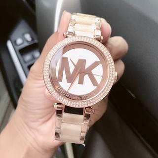 (ผ่อน0%) นาฬิกา สีโรสโกลด์ คาดอะซิเตทสีครีม ลายหินอ่อน Michael Kors Parker MK6530 Rose Gold Crystal Bezel Watch 38 มม.