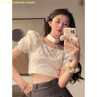 🍒เตรียมจัดส่ง🍒เสื้อแขนพัฟสีขาว เสื้อเชิ้ตผู้หญิง แขนสั้น 2021 new chic top