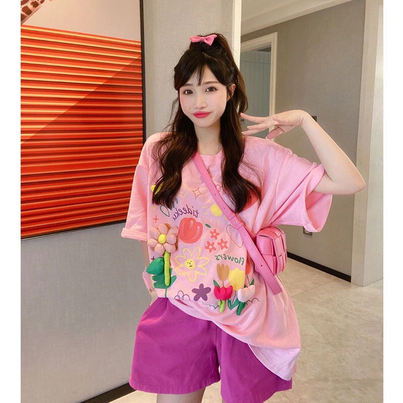 ten-th-การ์ตูนสามมิติดอกไม้พิมพ์เสื้อยืดแขนสั้นผู้หญิง-2022-ฤดูร้อนใหม่หลวม-cherry-blossom-บุคลิกภาพอารมณ์-top