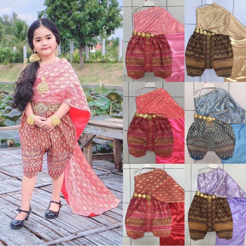 ชุดไทยเด็กผู้หญิง สไบสำเร็จรูป+โจง ลายลูกไม้ 7 สี พร้อมส่ง ไซส์ 1-7 ขวบ