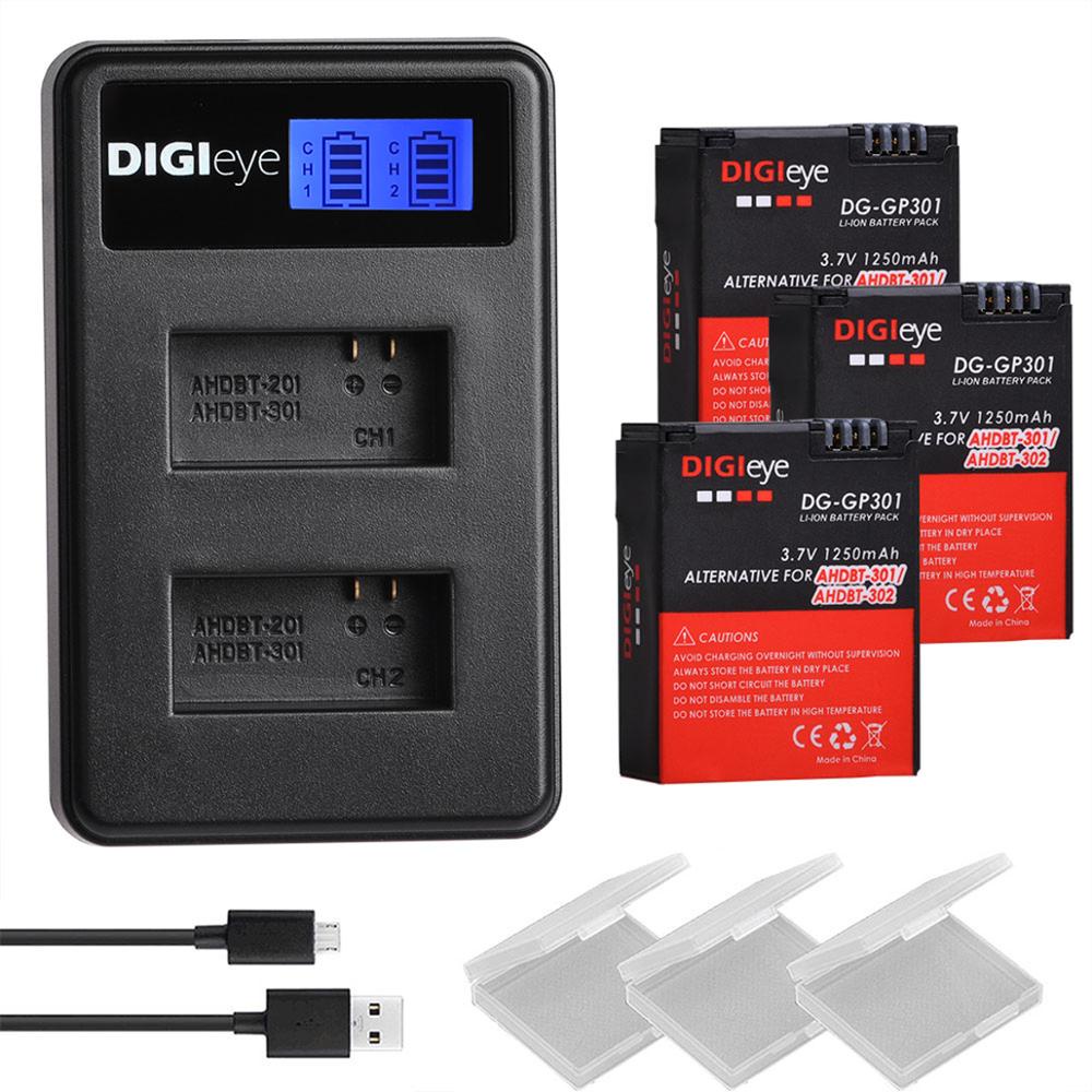 Batmax 3 baterías AHDBT-301 de iones de litio cargador USB LED de