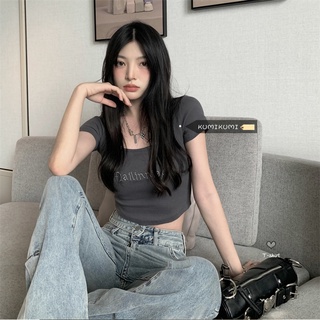 เสื้อสไตล์เกาหลี เสื้อยืดแขนสั้น อารมณ์ฤดูร้อนของผู้หญิง สาวฮอตสบายๆ การเพาะปลูกด้วยตนเอง เสื้อแขนสั้นเก๋ๆ อินเทรนด์