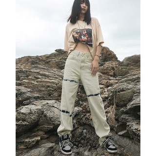 💜S-XL เกาหลีเอวสูงตรงขากางเกงยีนส์ผู้หญิงฤดูใบไม้ร่วงหลวมและบางกว้างขาออกแบบกราฟฟิตีกางเกง ins