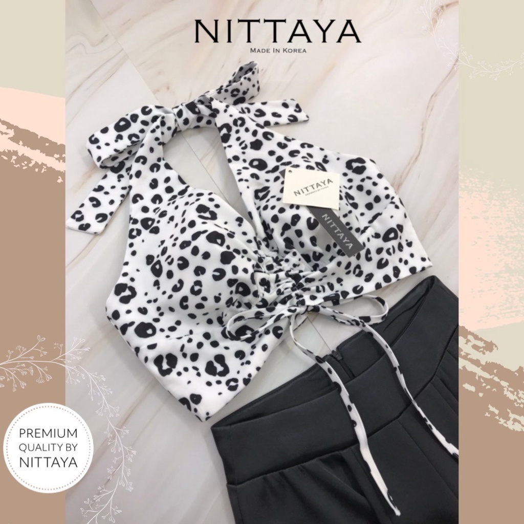 nittaya-set-เสื้อครอปคอวีผูกโบว์โชว์หลัง-กางเกงขายาว