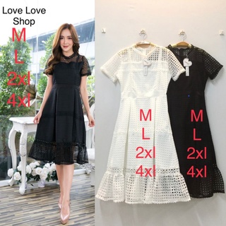 เดรสขาวดำออกงาน!!! M-4XL Mini Dress เดรสดำแขนสั้นผ้าฉลุลาย งานป้าย