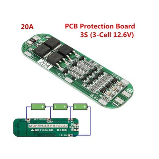 บอร์ดโมดูลชาร์จแบตเตอรี่ลิเธียม 3S 20A Li-ion 18650 PCB BMS 12.6V เซลล์ 64x20x3.4 มม.