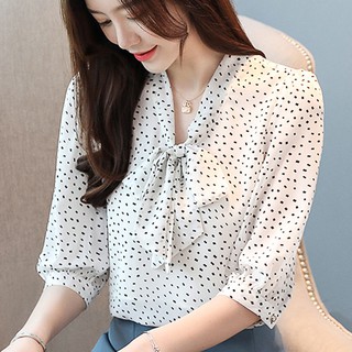 เกาหลี จุด ชีฟอง คันธนู เสื้อเชิ้ต แขนเจ็ดในสี่ ใหม่ เสื้อ Korea Dot Chiffon Bow shirt