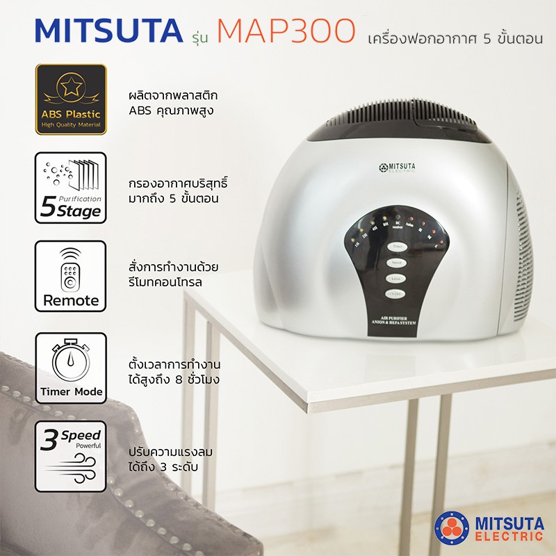 ภาพหน้าปกสินค้าMITSUTA เครื่องฟอกอากาศ 5 ขั้นตอน ขนาด 5-15 ตร.ม. รุ่น MAP300 จากร้าน mitsutaelectric1984 บน Shopee