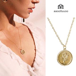 Retro Gold Coin Rose Pattern Pendant Necklace Charming Womens Clavicle Chain Jewelry Fashion