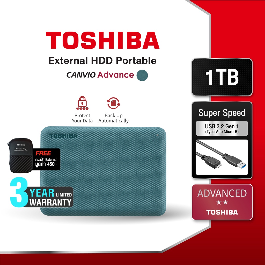 รูปภาพของToshiba External HDD (1TB) USB 3.2 SuperSpeed, รุ่น (Canvio Advance V10) Security Auto-backup 2.5" สีเขียว ฮาร์ดดิสพกพา Portable Hard drive ฟรี  กระเป๋ากันกระแทก (TSB-HDTCA10AG3AA)ลองเช็คราคา