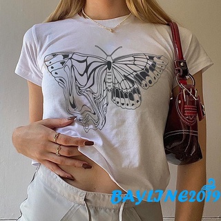 BAY-Women Summer Casual T-shirt, Adults Butterfly Print Short Sleeve Round Neck Pullover