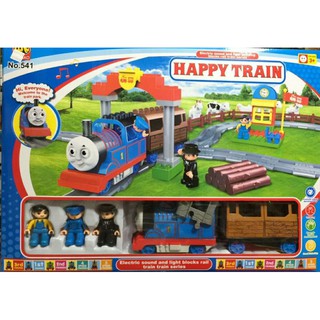 รถไฟการ์ตูน ของเล่นเด็กรถไฟโทมัส HAPPY TRAIN มี หัวรถไฟ-รถพ่วง พร้อมบล็อกตัวต่อให้ รางรถไฟ 85.5 ซม.ใส่ถ่าน มีเสียง-ไฟ 