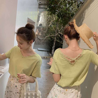 เสื้อยืดแขนสั้นสีพื้นแต่งลูกไม้ทรงหลวมสไตล์เกาหลี 2021 สําหรับผู้หญิง