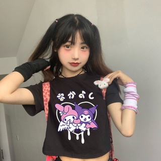 Kuromi เสื้อยืดแขนครึ่ง เอวลอย น่ารัก สไตล์ญี่ปุ่น สําหรับเด็กผู้หญิง