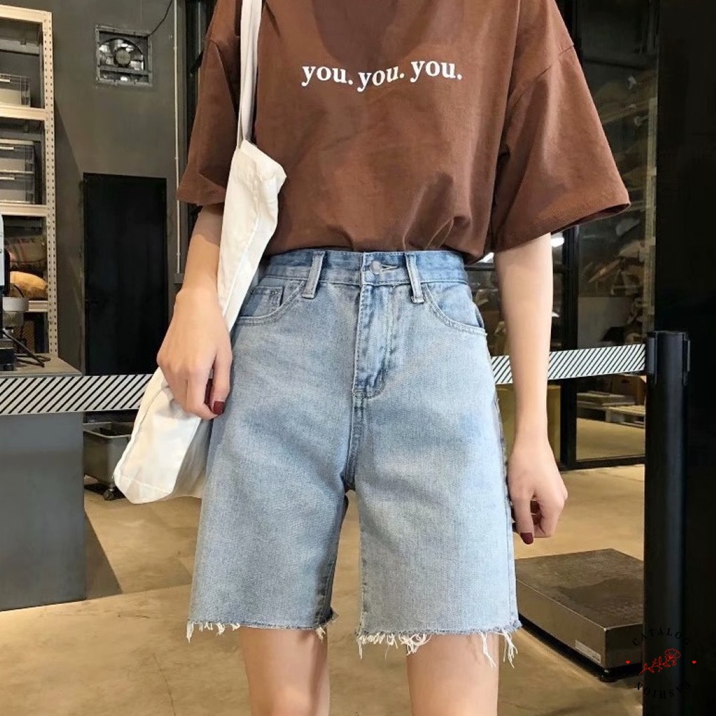 sale80-กางเกงยีนส์ขาสั้นปลายขารุ่ยสุดเท่-สียีนส์อ่อน