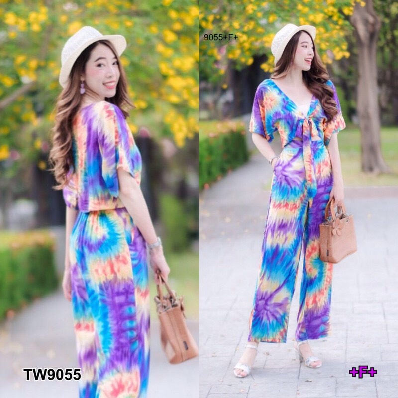 tw9055-set-2-ชิ้น-เสื้อผูกอก-กางเกงขายาว-ผ้าสปันลายมัดย้อม-กางเกงเอวยางยืดหลัง-มีกระเป๋าข้าง-ราคาจับต้องสบายห้ามพลาด