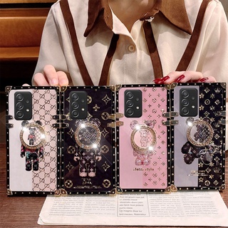 เคสโทรศัพท์มือถือ ทรงสี่เหลี่ยม ลายหมี พร้อมแหวนขาตั้ง หรูหรา สําหรับ Samsung A03s A02s A22 5G A52s A12 A72 A32 A02 A21s