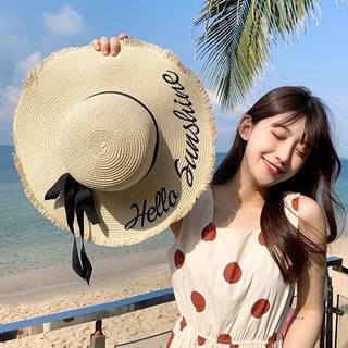 📣Hello Sunshine หมวกสาน ปีกกว้าง ใส่เที่ยวทะเล แต่งโบว์ 👒