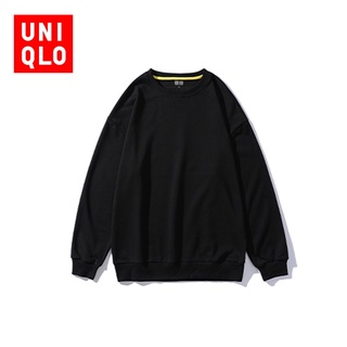 สินค้า Uniqlo เสื้อกันหนาว คอกลม ทรงหลวม สีดํา สไตล์สปอร์ต สําหรับผู้ชาย และผู้หญิง