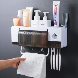 ชั้นวางของแบบติดพนัง ที่วางของในห้องน้ำ ตู้เก็บของใช้ ชั้นวางของ ที่เก็บแปรงสีฟัน ชั้นวางของในห้องน้ำ ยาสีฟันอัตโนมัติ ย