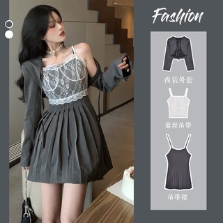 🔥Hot Sale / 22413Suit Women 2022 New Korean Style Suit Jacket + Lace Sling + Pleated Sling Dress Three Piece