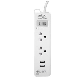 รางปลั๊กไฟคอมพิวเตอร์Anitech ปลั๊กไฟมาตราฐาน มอก 2 ช่อง 2 USB 1 สวิตซ์ รุ่น  H222  สายยาว 2 เมตร