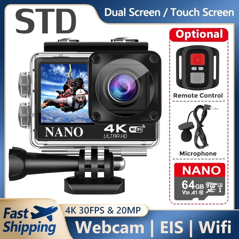 ภาพสินค้า4K 60fps HD Dual Screen กล้อง WiFi หน้าจอสัมผัสหมวกกันน็อก EIS รีโมทคอนโทรลใต้น้ำกันน้ำกีฬา Vlog กล้อง STD จากร้าน nano_tech บน Shopee ภาพที่ 1