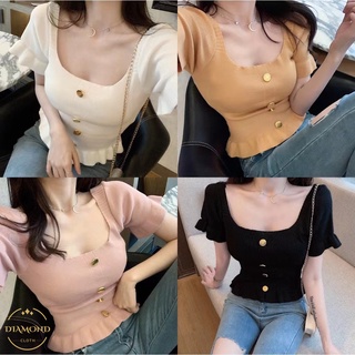 Diamond 📍พร้อมส่ง📍เสื้อครอปแขนระบาย เอวจั๊มแนวเกาหลี เสื้อครอปสาวหวาน เสื้อครอปไหมพรมเกาหลี กระดุมสวย (T1005)