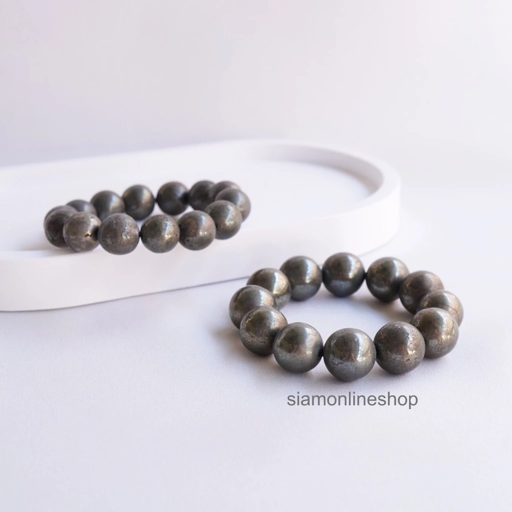 PYRITE ไพไรต์ เพชรหน้าทั่ง เลือกขนาดเม็ดหินได้ (4-14 มม) หินแห่งการดูดทรัพย์ ดูดเงิน สร้อยข้อมือหินแท้ https://wayoza.com