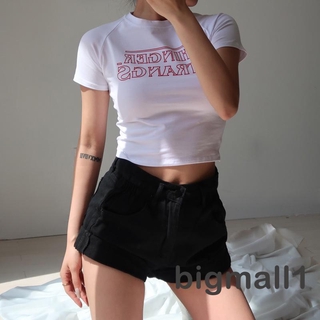 Bigmall - เสื้อครอปคอก ลมแขนสั้นพิมพ์ลายตัวอักษรแฟชั่นสตรี