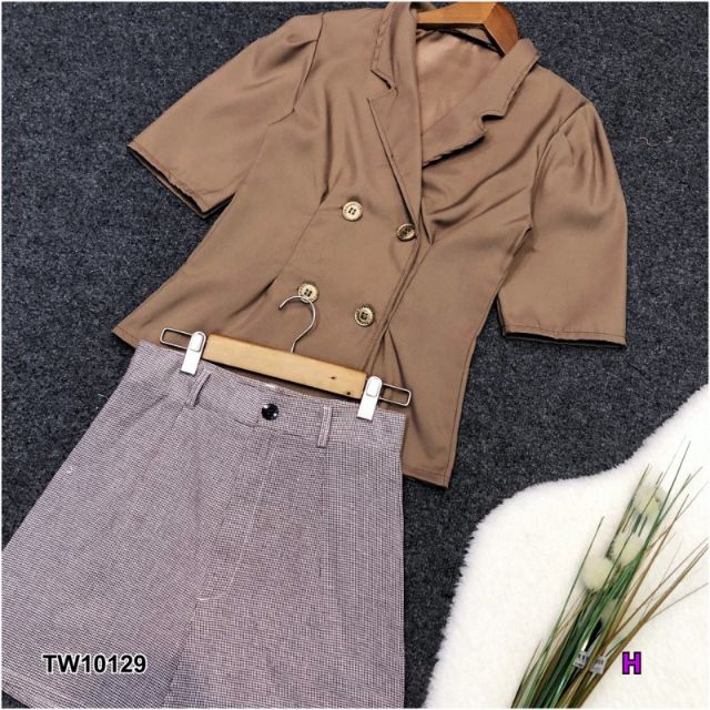 lt-tw10129-gt-set2ชิ้น-เสื้อติดกระดุมหน้าปกสูทผ้าซาร่ามาพร้อมกางเกงขาสั้นผ้าทอแต่งลายชิโนริ