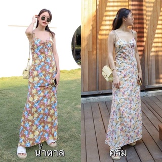 FORAL DRESS | เดรสยาวลายปริ้นชัดทั้งตัว ผ้าใส่สบายมากค่า ตัวบรามีฟองน้ำเสริม ซิปซ่อนข้าง สายปรับได้