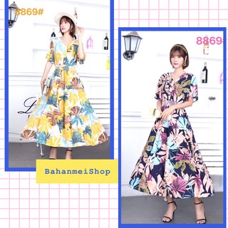 [BaHanmei] เดรส ชุดเดรสกระโปรงยาว ชุดเดรสแฟชั่น ผ้าสปันผ้านิ่มใส่สบาย มีกระดุมใช้งานได้จริง ลายมาใหม่สีสดใสน่ารัก