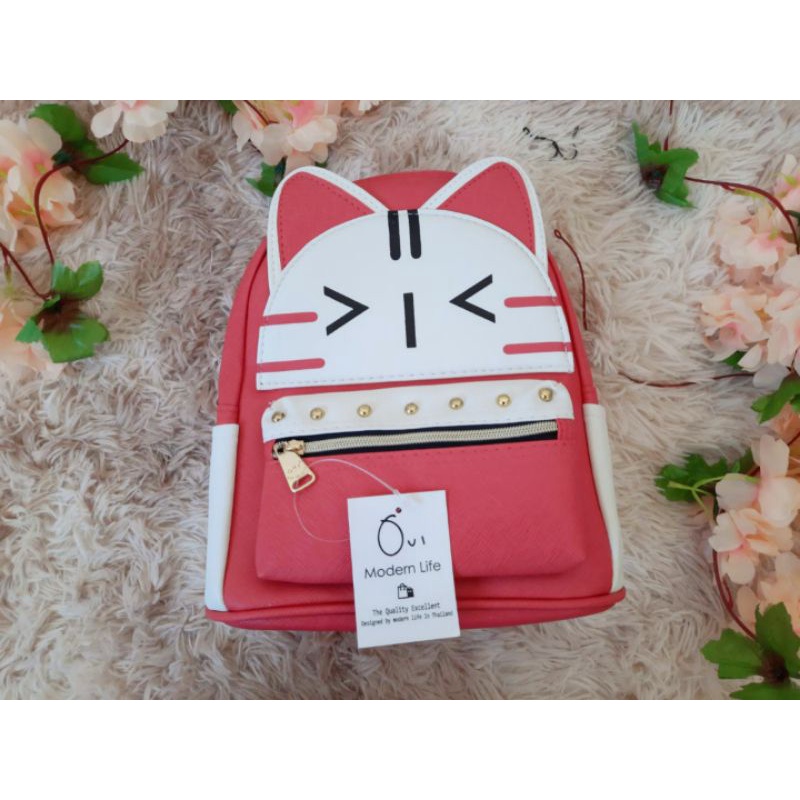 kawaii-กระเป๋าสะพายหลังน้องแมวสีชมพูเหลือบแดง