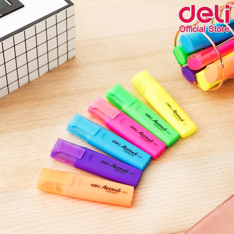 deli-s621-highlighter-ปากกาไฮไลท์-หัวตัด-1-5mm-แพ็คกล่อง-10-แท่ง-มี-6-สีให้เลือก-ปากกาเน้นข้อความ-เครื่องเขียน-ไฮไลท์
