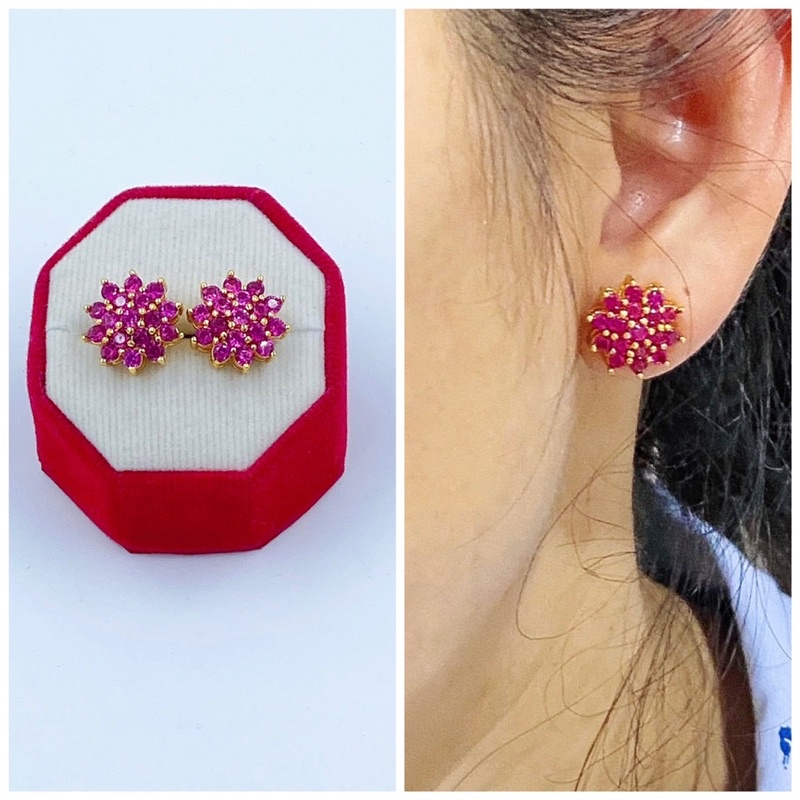 ต่างหูพลอยดอกทับทิม-มีสีแดง-สีชมพู-ต่างหูผู้หญิง-ต่างหูเพชร-ต่างหูพลอย-ต่างหูทอง-n205-ต่างหูทองปลอม