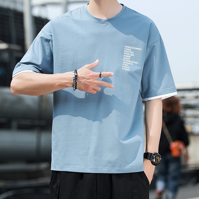 ฤดูร้อนแขนสั้นtเสื้อผู้ชายผ้าฝ้ายคอกลมหลวมครึ่งแขนนักเรียนพอร์ตลมinsเสื้อแขนห้าจุด