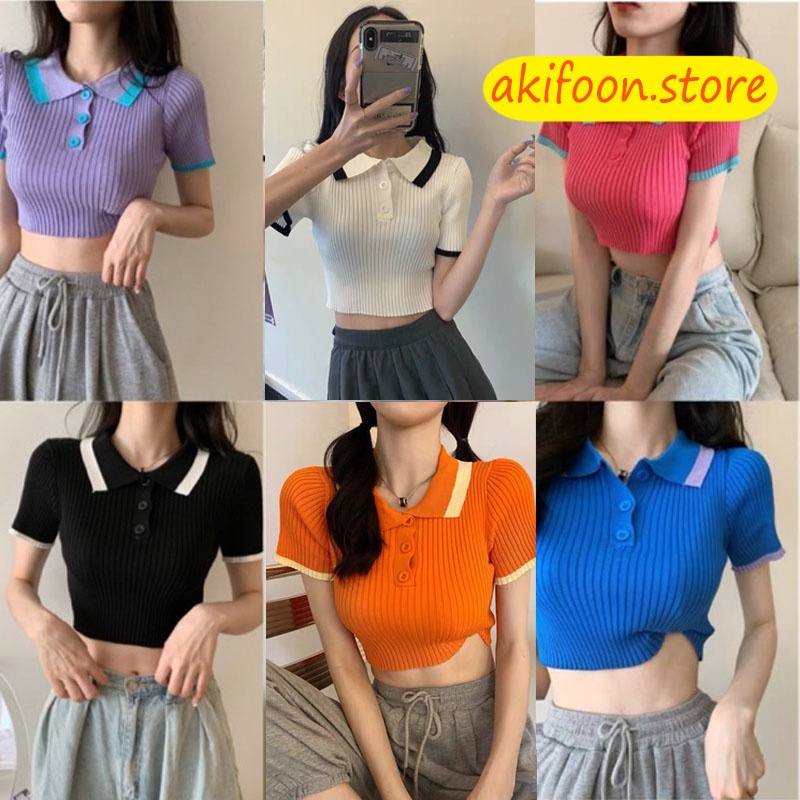 akifoon-พร้อมส่ง-5935-amp-เสื้อครอปแฟชั่น-เสื้อครอปแขนสั้นคอปกสีพื้นงานไหมพรมสไตล์เกาหลี-เเขนสั้นคอปก