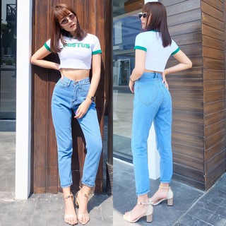 Cc jeans 034 กางเกงยีนส์ผู้หญิง  เอวสูง ทรงบอย สีอ่อน กางเกงผู้หญิง