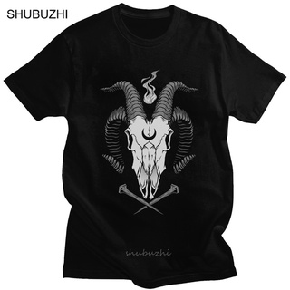 เสื้อยืดผ้าฝ้ายพิมพ์ลายขายดี เสื้อยืดคอกลม แขนสั้น ผ้าฝ้ายแท้ พิมพ์ลาย Baphomet Satan Demon Occult Goat Skull สําหรับผู้
