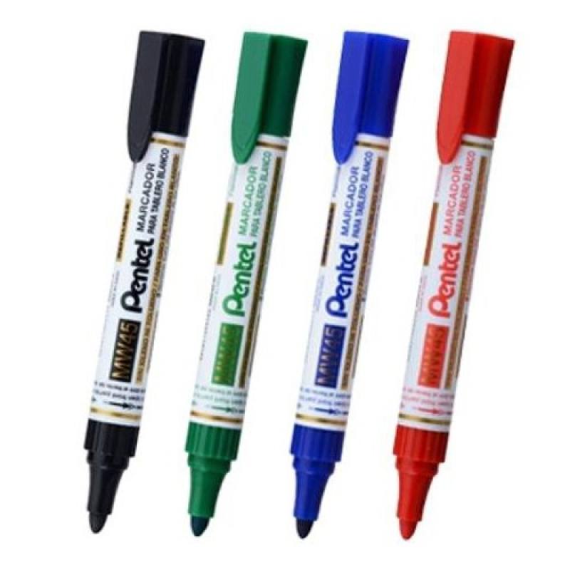 Pentel YMW85/4-mix Pennarelli Per Lavagna Cancellabile A Secco - 4 Colori (Nero, Blu, Rosso), Punta Media 4,2 Mm, Tappo Anti-Rotolo