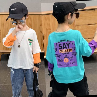 🔥เกาหลีขายร้อน เสื้อยืดแขนยาวเด็กผู้ชาย 2021 ใหม่แฟชั่นเกาหลีรุ่นเด็กปลอมสองชิ้นเสื้อ bottoming เสื้อเด็กโตสไตล์ตะวันตก