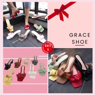 GRACE โบว์เล็ก รองเท้าผู้หญิง ไซส์ 36-43 รองเท้าเปิดส้น แตะส้นสูง  ส้นสูง 2 นิ้ว รองเท้าแฟชั่นคาดโบว์ ไซส์ 42, 43