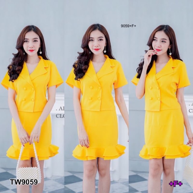 เสื้อแขนสั้นปกสูท-กระโปรงระบาย-tw9059