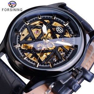 Forsining Black Golden Retro Luminous Hands Fashion Mens Mechanical Skeleton Leather Wrist Watches Top Brand Luxury Cloc