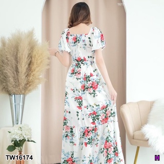 TW16174 Maxi dress แขนตุ๊กตาพองลายดอกช่อใหญ่สีขาว ระบายย่นที่ชายกระโปรง มีโบว์เส้นเล็กผูกเอว มีซิปซ่อนด้านหลัง/มีซัปใน